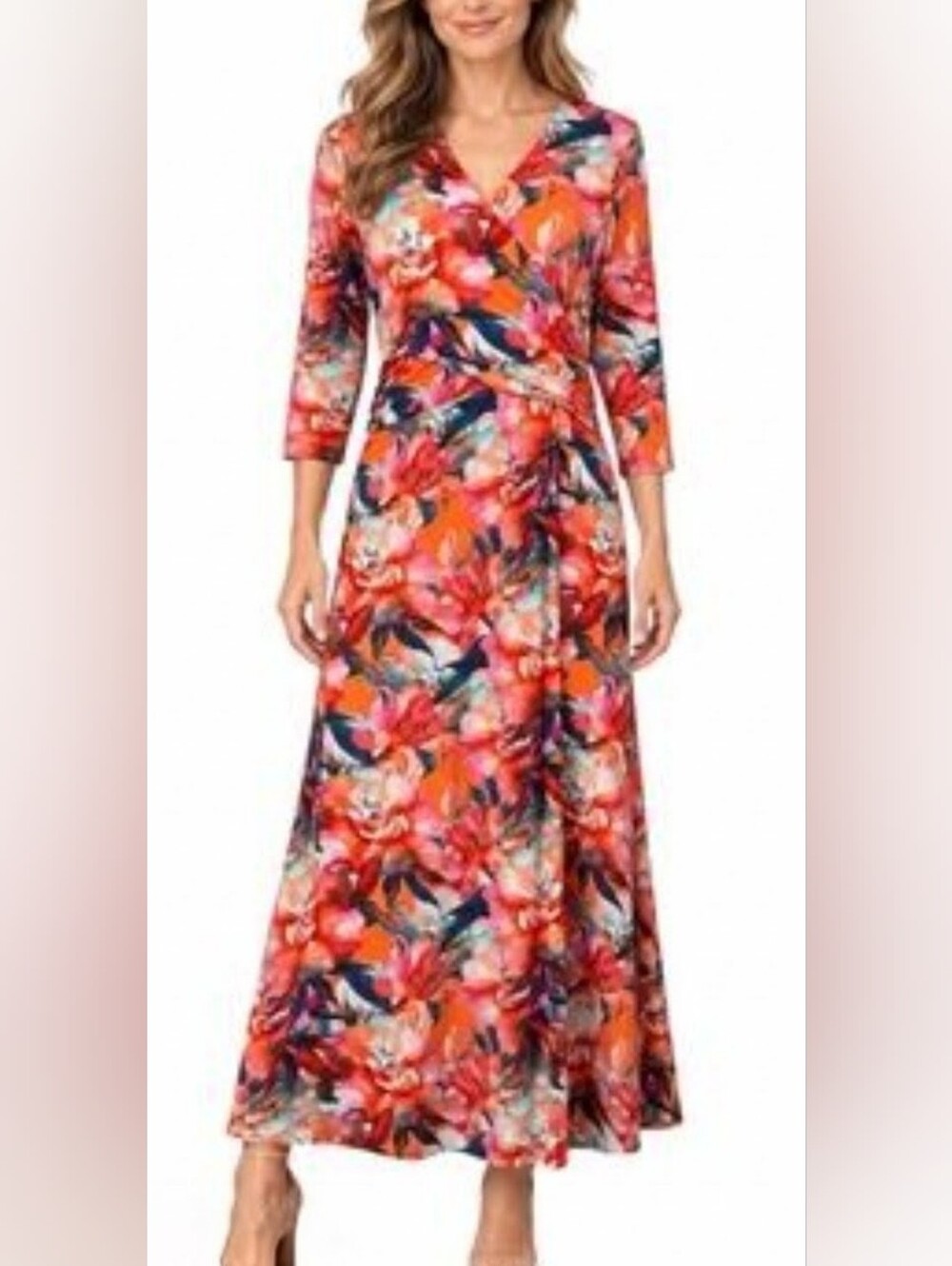 Soft Surroundings Le Jardin Floral Print Faux Wrap Jersey Maxi Dress
